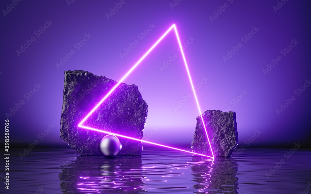 Wall mural 3d render, abstract futuristic background with neon triangular frame, black cobble rocks and reflect