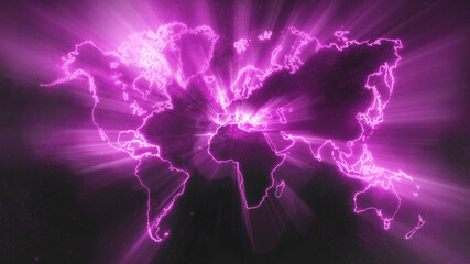 Colorful World Map on dark background, Magenta Glowing World Map