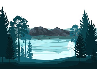 Mountain landscape. View of the mountains and the lake through the coniferous forest, taiga. Silhouette. Mountains, rocks on the horizon. Sea bay. The landscape is isolated. vector