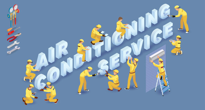 Team of Builders, people and words Air Conditioning Services. Vector.