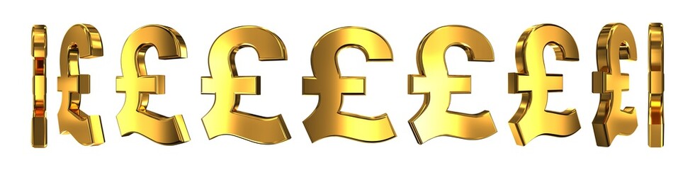 3D animation, spinning of a golden pound of sterling symbol. Rotation on white background