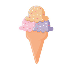 ice cream with three balls of purple, pink and orange color in a cone