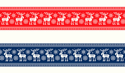 Christmas Holiday Pixel Pattern with Elks. Traditional Nordic Seamless Striped Ornament. Scheme for Knitted Sweater Pattern Design.