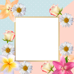 Cute Background with Frame and Flowers Collection Set. Vector Illustration EPS10. Square Template for social networks and messengers