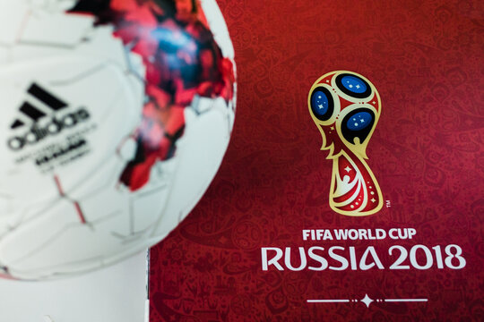 September 14, 2017. Moscow, Russia Official ball of the 2018 FIFA World Cup Adidas Krasava and a calendar with the symbols of the World Cup 2018