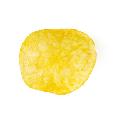 potato chips isolated on white background with shadow. One potato chips on a white plate close up