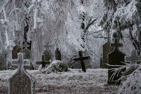 Ancient cemetery in winter