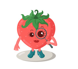 Cute surprised kawaii strawberry with magnifying glass and high heels. Colored isolated vector illustration in flat design with shadows	