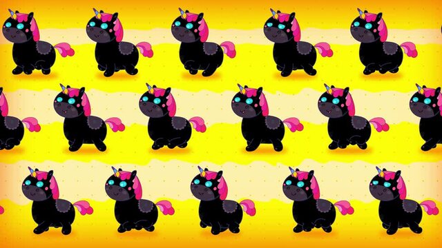 Cartoon isolated kawaii many black unicorns walking character. Eellow background. Good for any movie, presentation, etc... Funny sweet and cute children animation. Alpha channel, seamless loop.