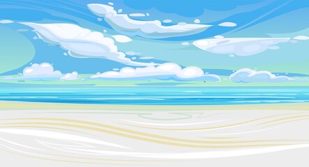 Fototapeta na wymiar Sea coastal landscape. Flat style illustration. Sandy beach in the ocean, summer sky and distant horizon. Vector