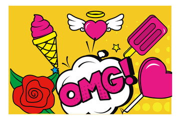 pop art omg explosion bubble with set of icons vector design