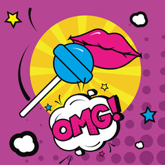 pop art mouth and candy with omg explosion bubble vector design