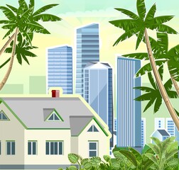 Fototapeta na wymiar A small house in the suburbs. Cityscape with palms and sky. High-rise buildings, skyscrapers and high-rise buildings. Green park area. Flat style. Suburb. Vector