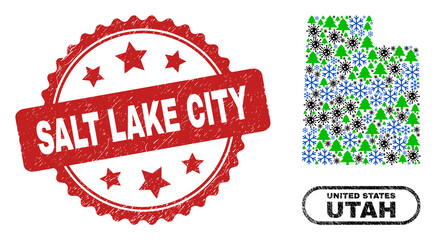 Vector Covid New Year mosaic Utah State map and Salt Lake City dirty seal. Salt Lake City stamp uses rosette shape and red color. Mosaic Utah State map is organized with randomized Covid, frost,