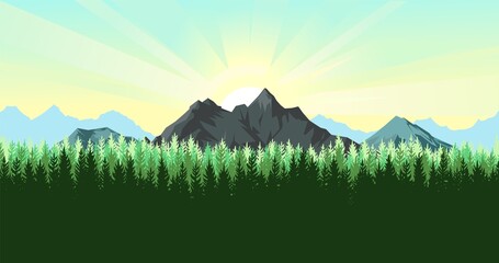 Mountain range with cliffs, rocks and peaks. Sky with clouds. Landscape with coniferous forest, taiga. Pine trees, ate.  Illustration vector © WebPAINTER-Std