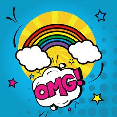 pop art rainbow with omg explosion bubble vector design
