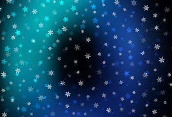 Dark BLUE vector background with xmas snowflakes, stars.