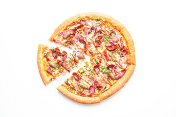 Pizza with hunting sausages, blue onions, ham and herbs isolated on white background