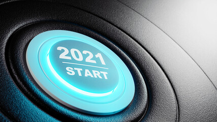 2021 - Press the start button. Concept of the New Year. 3D illustration