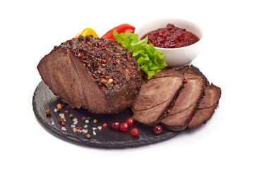 Spicy roast, cooked meat isolated on white background