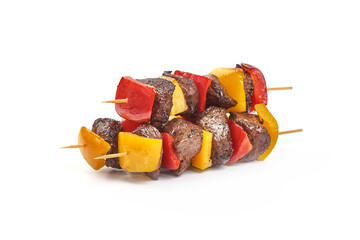 Grilled beef shish kebab, barbecue skewers, isolated on white background