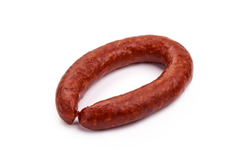 Smoked sausage ring, isolated on white background