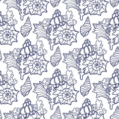 Seamless pattern with seashells. Blue linear outlines of coral reef elements. Hand drawn repeating nautical texture. Graphic print for banners, brochures or fabric, beach theme.