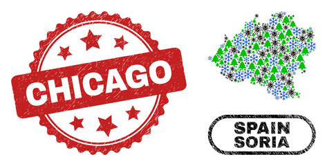 Vector Covid-2019 Christmas composition Soria Province map and Chicago grunge stamp seal. Chicago seal uses rosette shape and red color. Collage Soria Province map is created from random Covid-2019,