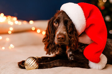 a young dog Russian spaniel in a Santa Claus hat is lying on the bed with a toy in its teeth and playing with decorative red and gold balls