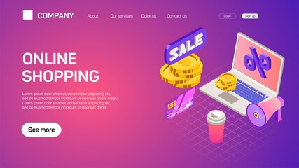 Vector business on line shopping and e-marketing. Web site template for e-commerce, digital marketing.