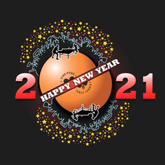 Happy new year 2021 and ping-pong ball with tennis player and fans. Creative design pattern for greeting card, banner, poster, flyer, party invitation. Vector illustration