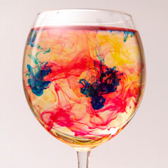 colorful ink drips into glass with water and creates beautiful streaks of color