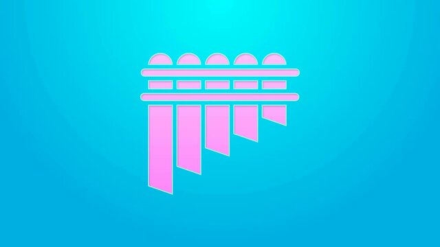 Pink line Pan flute icon isolated on blue background. Traditional peruvian musical instrument. Zampona. Folk instrument from Peru, Bolivia and Mexico. 4K Video motion graphic animation