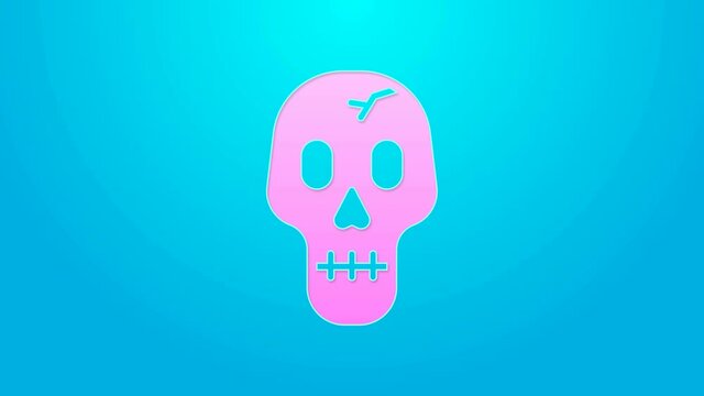 Pink line Skull icon isolated on blue background. Happy Halloween party. 4K Video motion graphic animation