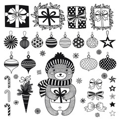 set of christmas decorative elements with a cute baby bear holding a gift