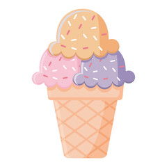 ice cream with three balls of purple, pink and orange color with sprinkles on the top in a cone