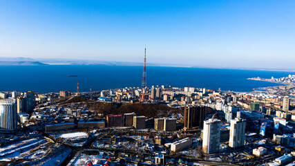 Winter view of vladivostok photographed on a drone