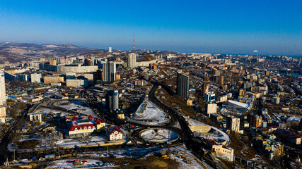 Winter view of vladivostok photographed on a drone