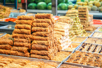 Baklava, traditional sweets on a stall of an oriental bazaar
