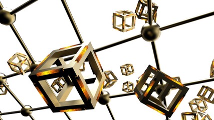 Orange illuminated Hot Iron Gold Cube with Atom Plane Structure under White Background. Blockchain network technology concept illustration. 3D illustration. 3D CG. 3D high quality rendering. 