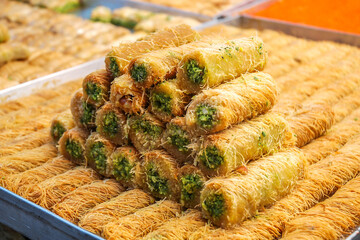 Baklava, traditional sweets on a stall of an oriental bazaar