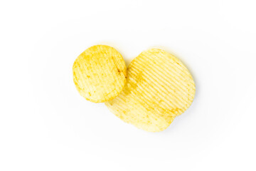 Potato chips isolated on white background. wafer-thin slice of potato fried or baked until crisp and eaten as a snack.
