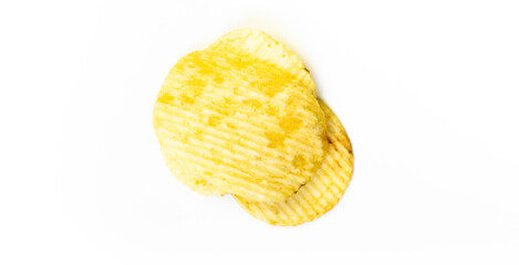Potato chips isolated on white background. wafer-thin slice of potato fried or baked until crisp and eaten as a snack.
