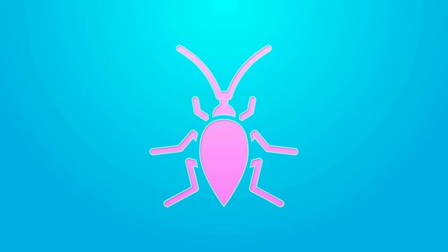 Pink line Cockroach icon isolated on blue background. 4K Video motion graphic animation