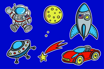 Vector drawing - various space objects with white edging on a blue background