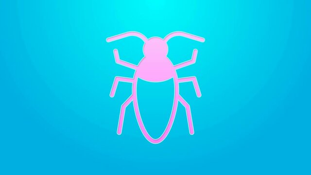 Pink line Cockroach icon isolated on blue background. 4K Video motion graphic animation