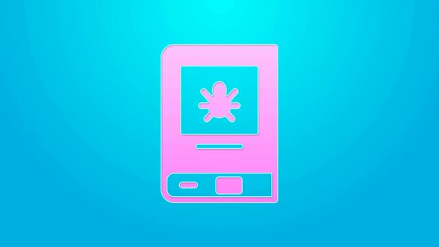 Pink line Book about insect icon isolated on blue background. 4K Video motion graphic animation