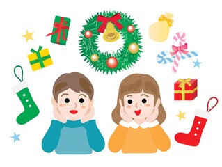Naklejka premium クリスマスイブにプレゼントを待つ子供たち
