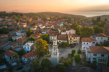 Tower at Argalasti village at sunset time, Magnisia, Central Greece