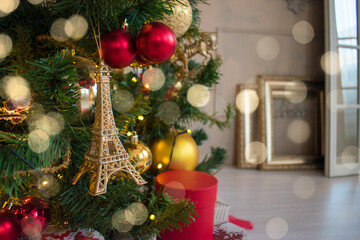 Christmas holidays background. Christmas decor with a copy of space and bokeh